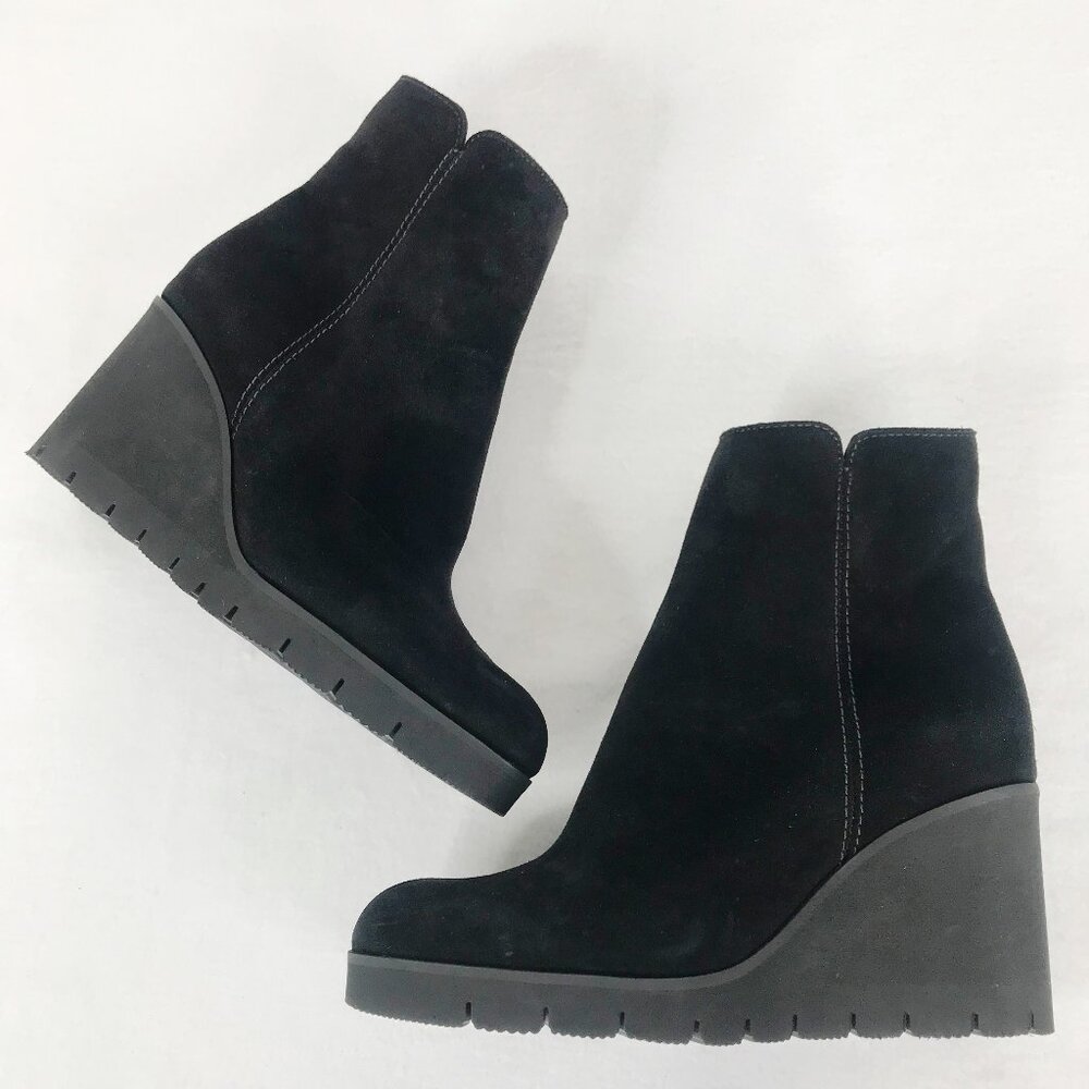 La Canadienne Ankle Boots Booties 9.5 M Black Suede Wedge Side Zip Chunky